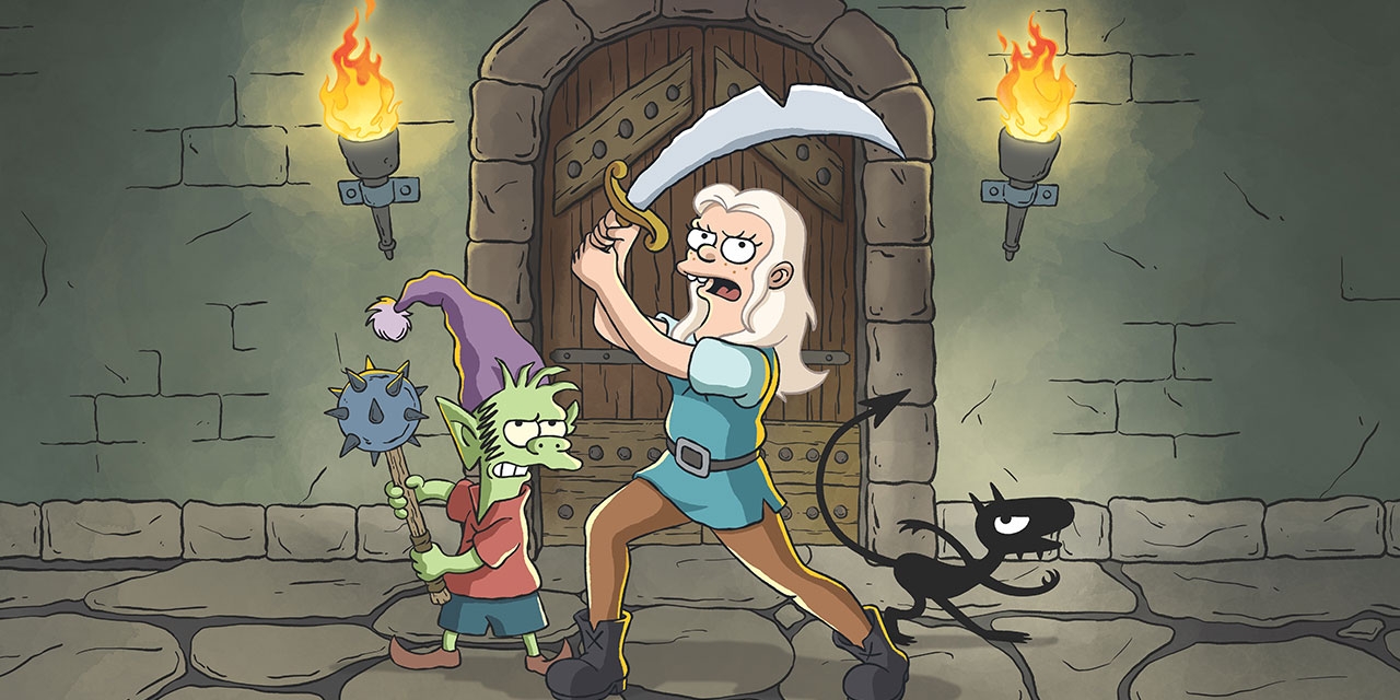 Die Figuren aus der Zeichentrickserie "Disenchantment": Eine Prinzessin mit Säbel, ein grüner Elf und ein schwarzer Dämon