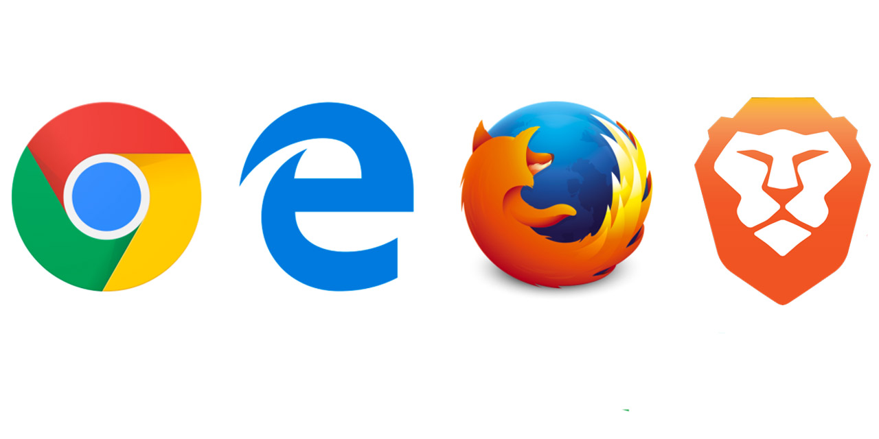 Die Logos der Browser Chrome, Firefox, Microsoft Edge und Brave