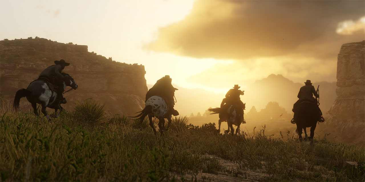 Vier Reiter im Sonnenuntergang