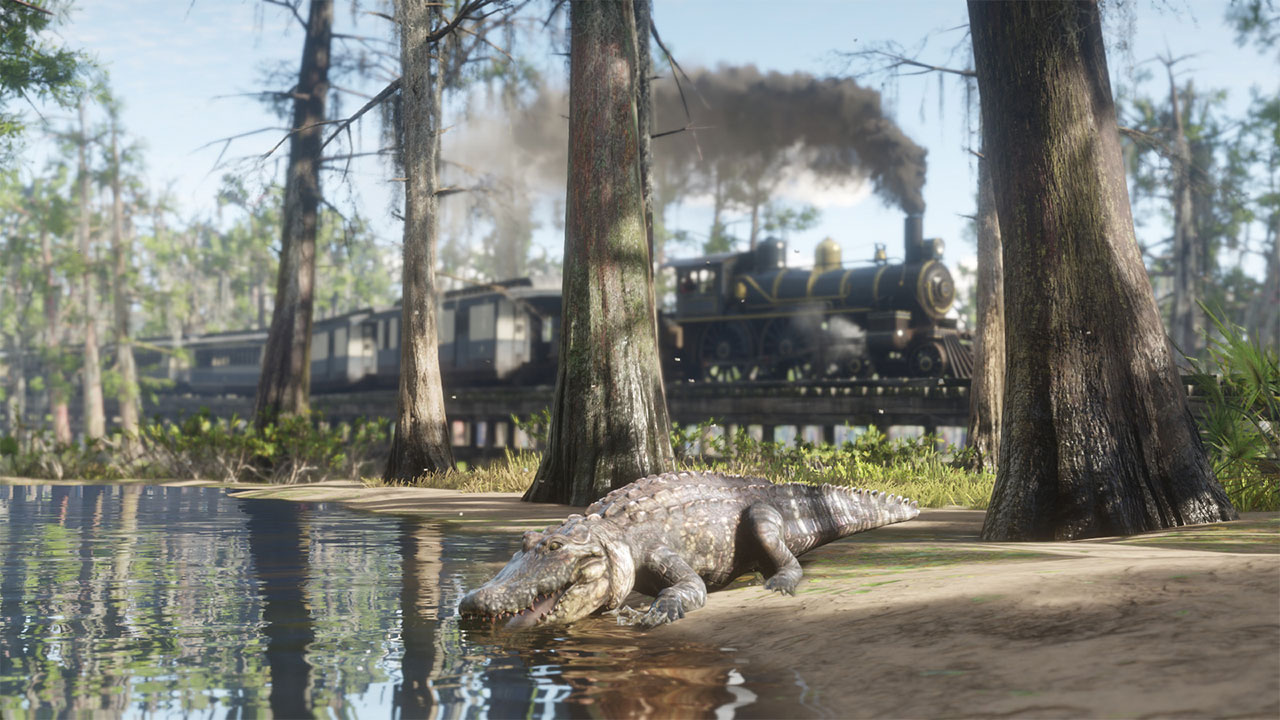Zug im Hintergrund, Alligator im Vordergrund