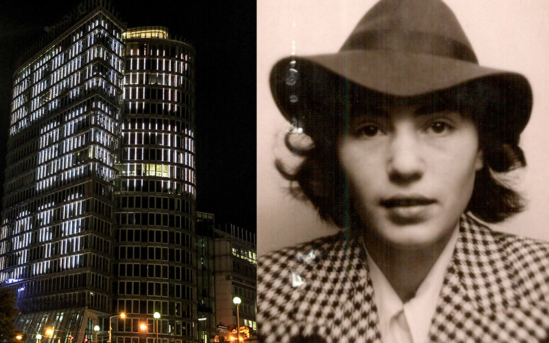 Links: Uniqa-Tower mit Lichtinstallation, rechts ARchivbild der ermordeten Jüdin Minna Pichler