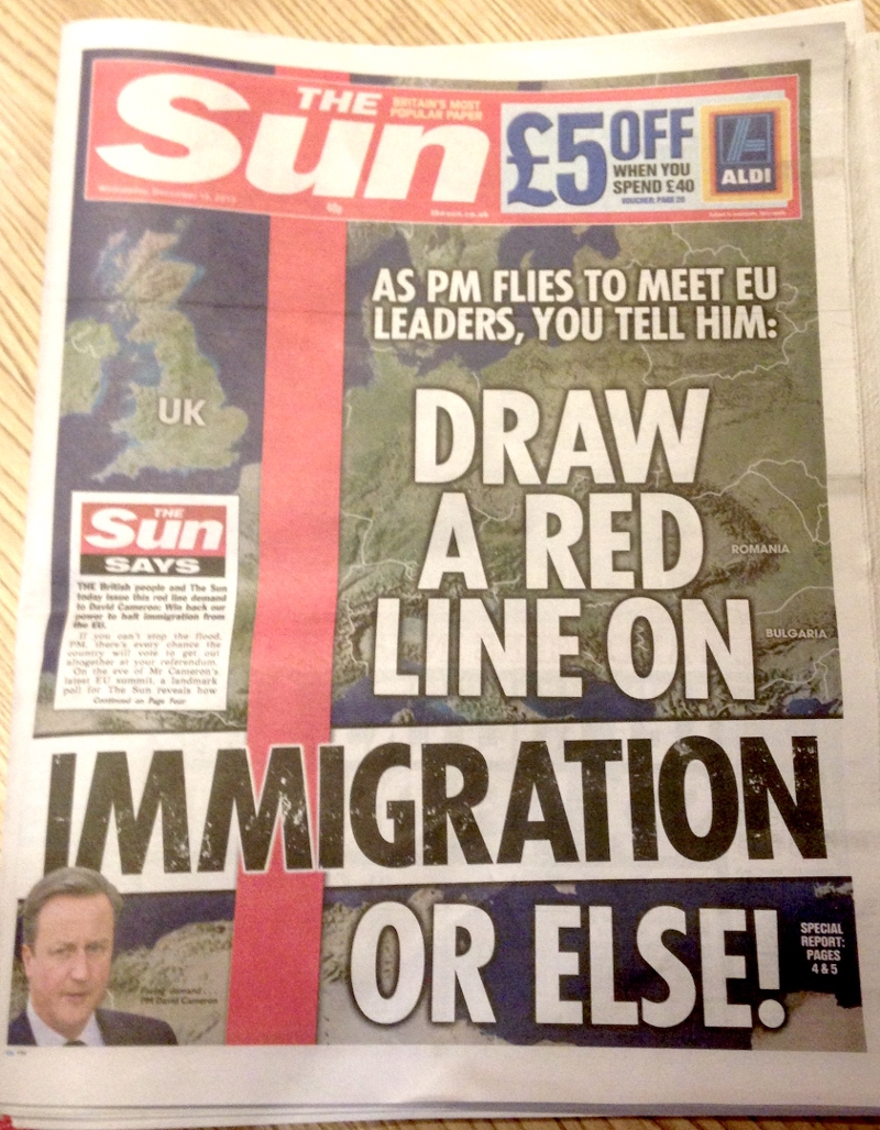Titelseite The Sun 18 12 13 "Draw a red line on immigration or else"
