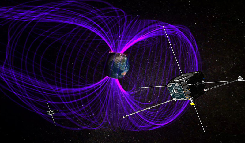 Künstlerische Darstellung eines "Themis"Satelliten, der die Erdmagnetosphäre untersucht