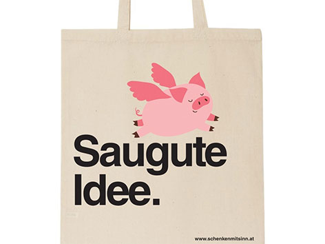Stofftasche mit Schweinchen und Aufschrift: Saugute Idee