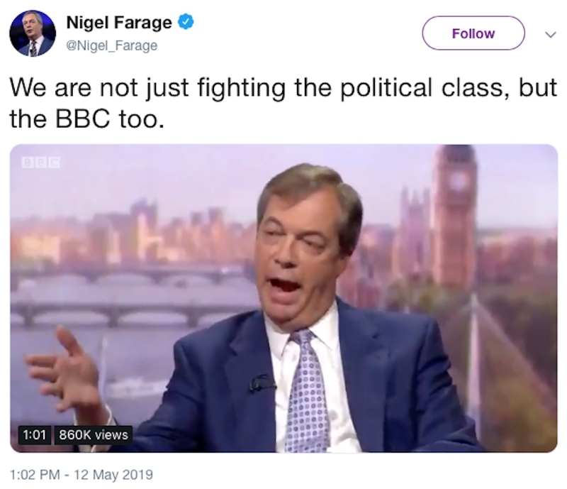 Screenshot von Nigel Farages Tweet: "We are not just fighting the political class, but the BBC too."