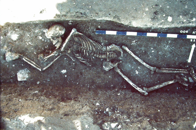 Pestopfer, das Ende sechsten Jahrhunderts in Südfrankreich in den Ausbruchgraben eines Hauses geworfen wurde