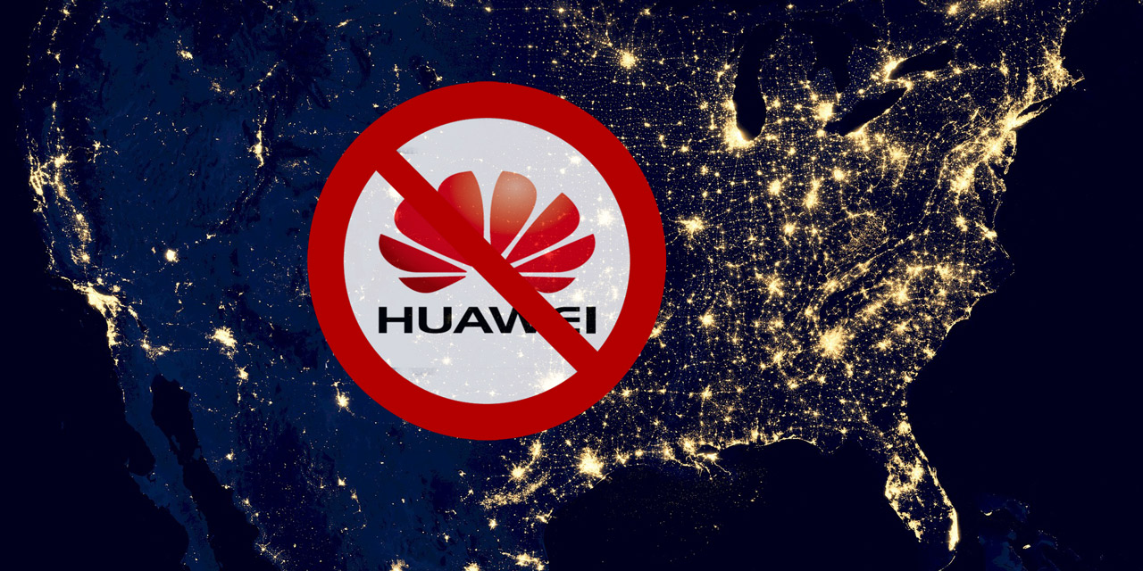 USA aus Satellitenperspektive mit Huawei-Verbotsschild