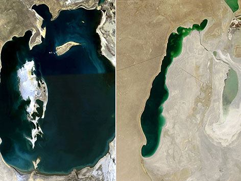 Satellitenaufnahmen vom Aralsee 2008 und 2013. Seit den 1960er Jahren schrumpfte der See auf 10 Prozent seiner ursprünglichen Größe. Das Wasser aus Zubringerflüssen wurde für die Industrie abgezweigt.