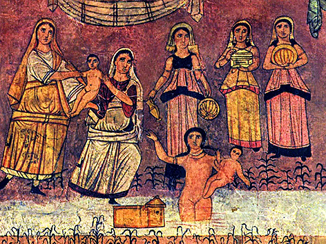 Auffindung des Mose (Wandmalerei aus der Synagoge von Dura Europos, Syrien, 3. Jh. n. Chr.)