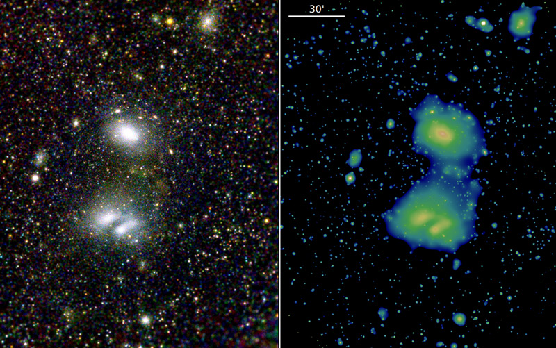 Die beiden interagierenden Galaxienhaufen A3391 (oben) und A3395