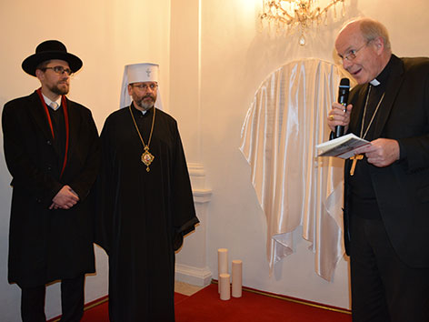 Gemeinderabbiner Schlomo Hofmeister, der ukrainische griechisch-katholische Großerzbischof Swjatoslaw Schewtschuk und Kardinal Christoph Schönborn
