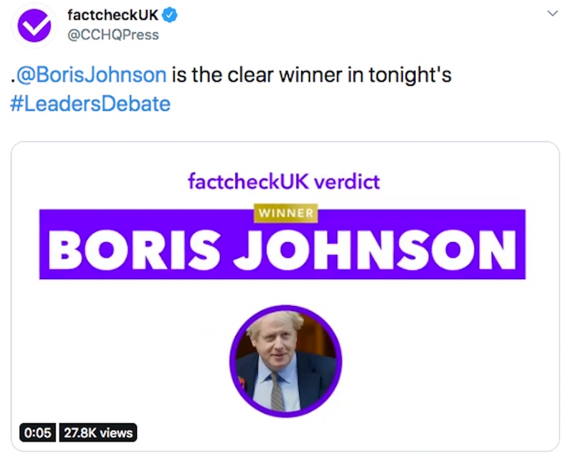 Der Twitter-Feed der konservativen Pressestelle erklärt sich zum Factcheck und Johnson zum Gewinner