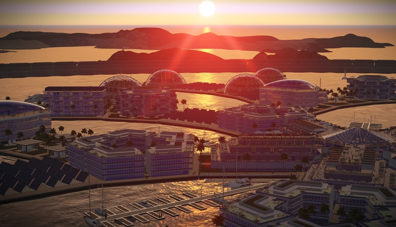 Visualisierung einer künstlichen Stadt am Meer