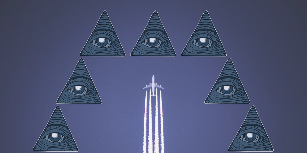 Collage zum Thema Verschwörungstheorien: Flugzeug mit Kondensstreifen und allsehende Augen