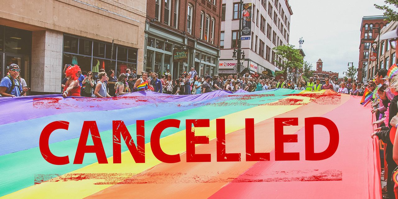 Pride-Parade, darüber eine Stempel: "Cancelled"