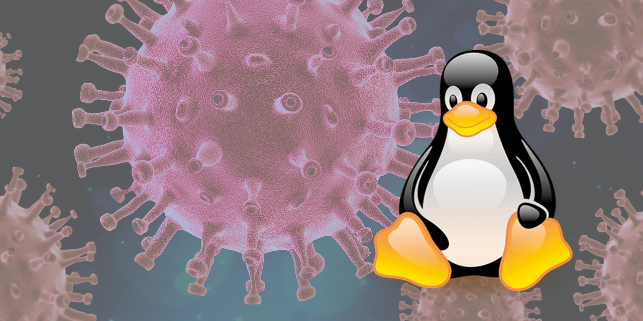 Collage: Linux Pinguin Tux vor lauter Corona-Viren