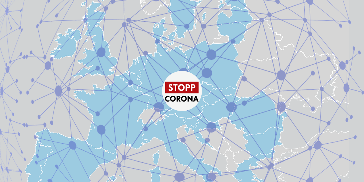 Europakarte mit dem Logo der Stopp Corona App in der Mitte