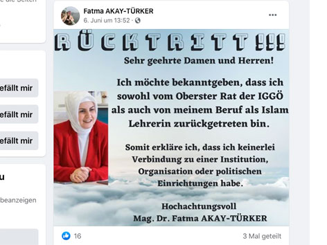 Rücktrittserklärung von Fatma Akay-Türker auf facebook