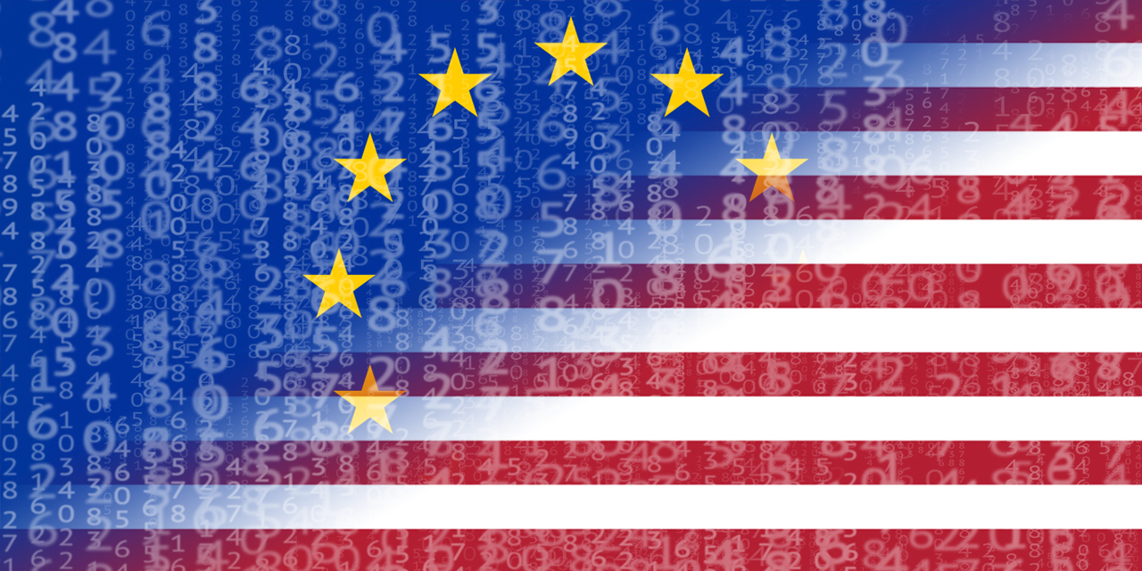 Bildmontage aus EU-Flagge, US-Flagge und einem Regen aus Daten