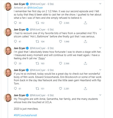 Twitter Nachrichten von Jon Cryer nach dem Ableben seiner TV-Kollegin