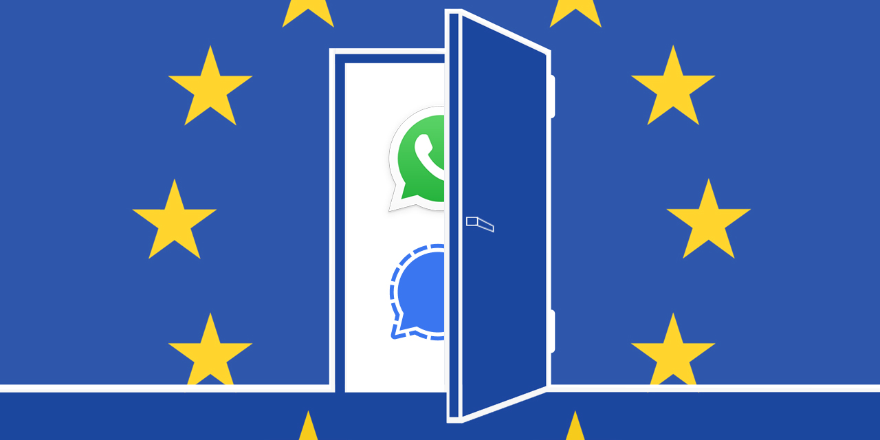 Offene Tür mit EU-Flagge, dahinter die Logos von Signal und WhatsApp