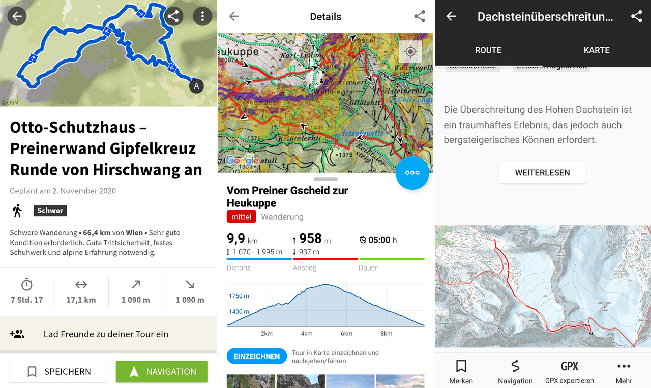 Screenshots von einem Smartphone aus Berg- und Wetter-Apps