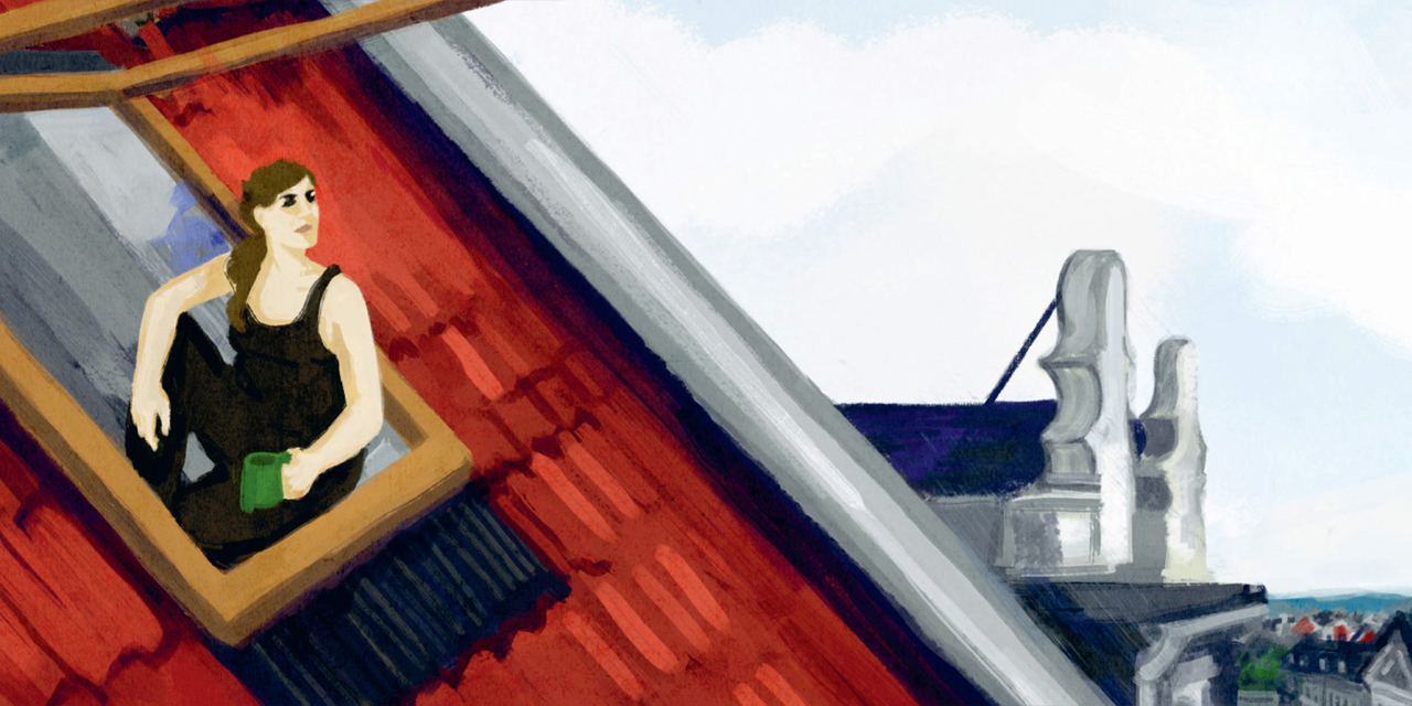 "Bei mir zuhause": Die Autorin zeichnet sich selbst, wie sie am offenen Dachfenster ihrer Wohnung sitzt