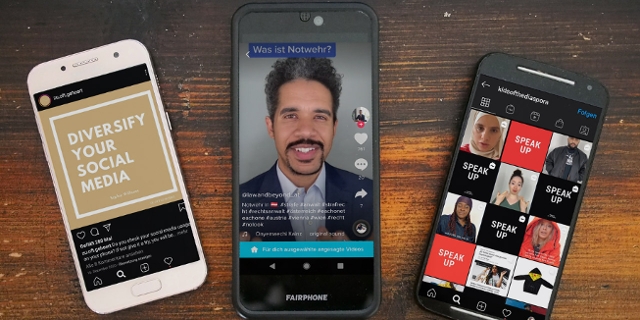 Drei Smartphones zeigen die Timelines von BIPOC-Influencerinnen