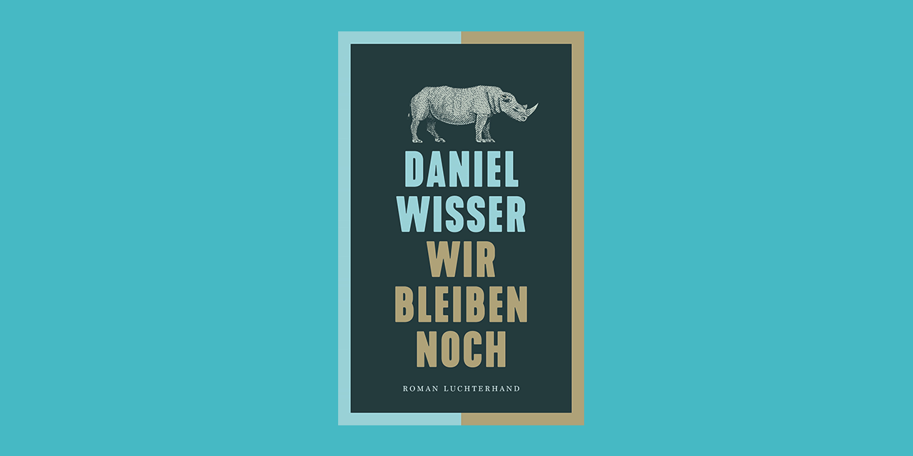 Buchcover "Wir bleiben noch" mit einem Nilpferd drauf, vor türkisem Hintergrund