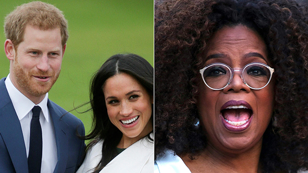 Montage Meghan und Prinz Harry und Oprah lachen