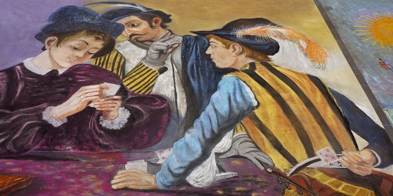 Mural einer historischen Kartenspielszene, in der eine der drei spielenden Personen hinterm Rücken Karten austauscht.