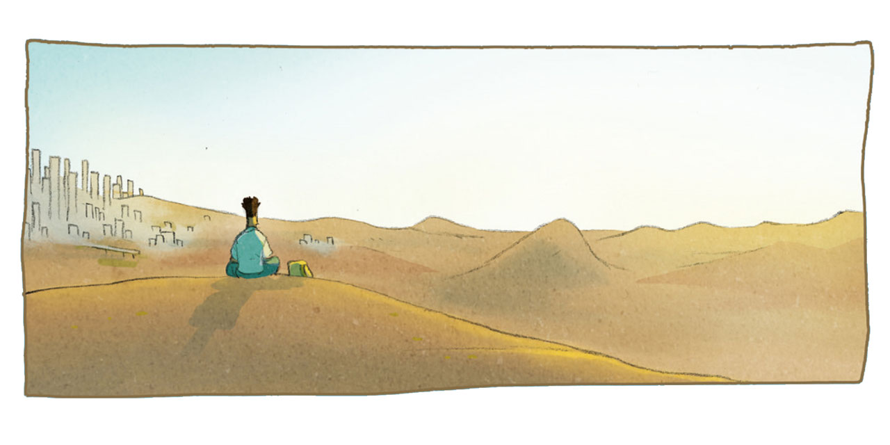 Bilder aus der Graphic Novel "Temple of Refuge". Person sitzt auf einer Sanddüne