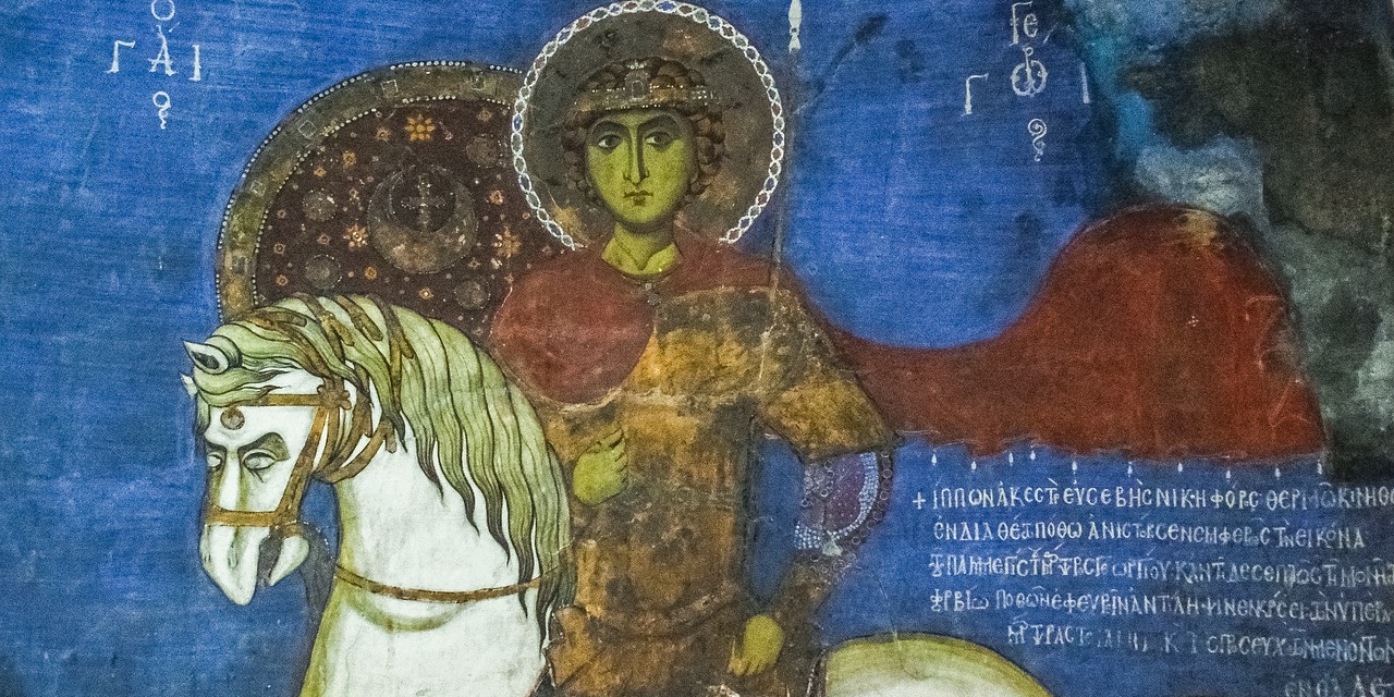Heiliger Georg auf seltsam gemaltem Pferd, mittelalterliche Malerei