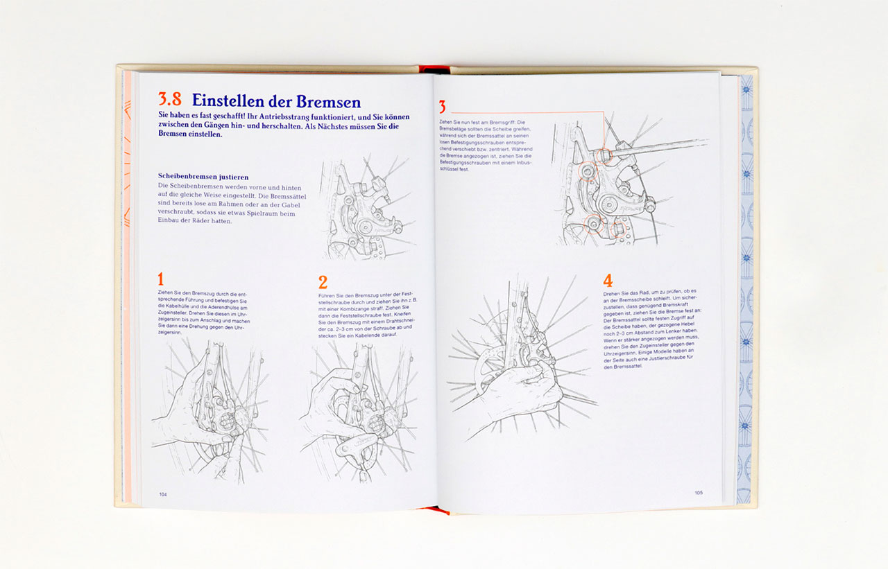 Buchseiten aus dem Buch "Das perfekte Fahrrad selber bauen" von Alan Anderson. Beschreibungen und Skizzen von Fahrradkomponenten