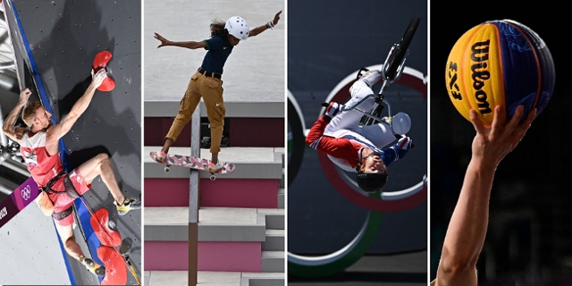Montage: Jakob Schubert klettert, Rayssa Leal macht einen Boardslide am Skateboard, ein BMX-Freestyler macht einen Backflip und ein 3x3-Basketball