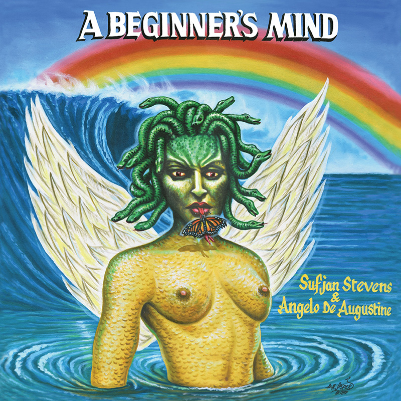 Albumcover von Sufjan Stevens und Angelo De Augustines "A Beginner's Mind", darauf zu sehen eine geflügelte nackte Medusa im Meer vor einem Regenbogen