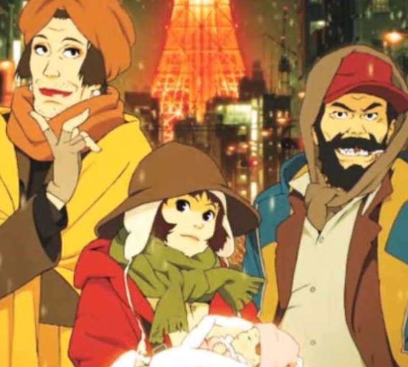 Tokyo Godfathers Titelbild drei Figuren und ein Baby im Arm