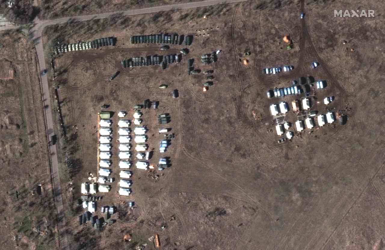 This satellite image released by Maxar Technologies shows troop deployments at oktyabrskoye airfield in Crimea on February 9, 2022