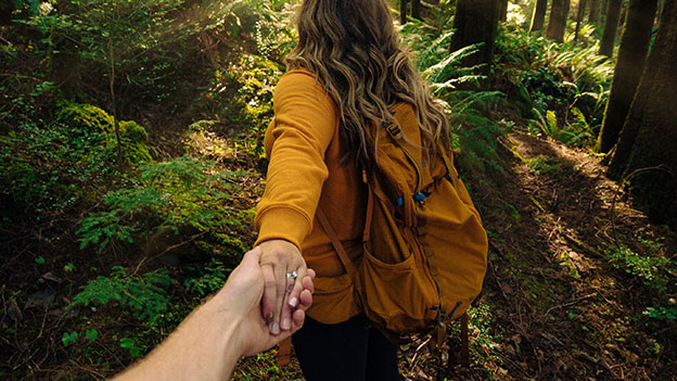 Frau im Wald - Hand in Hand mit einer zweiten Person