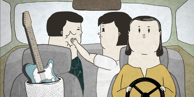 Szene aus dem Zeichentrickfilm "A guitar in a bucket": Leute sitzen in einem Auto.