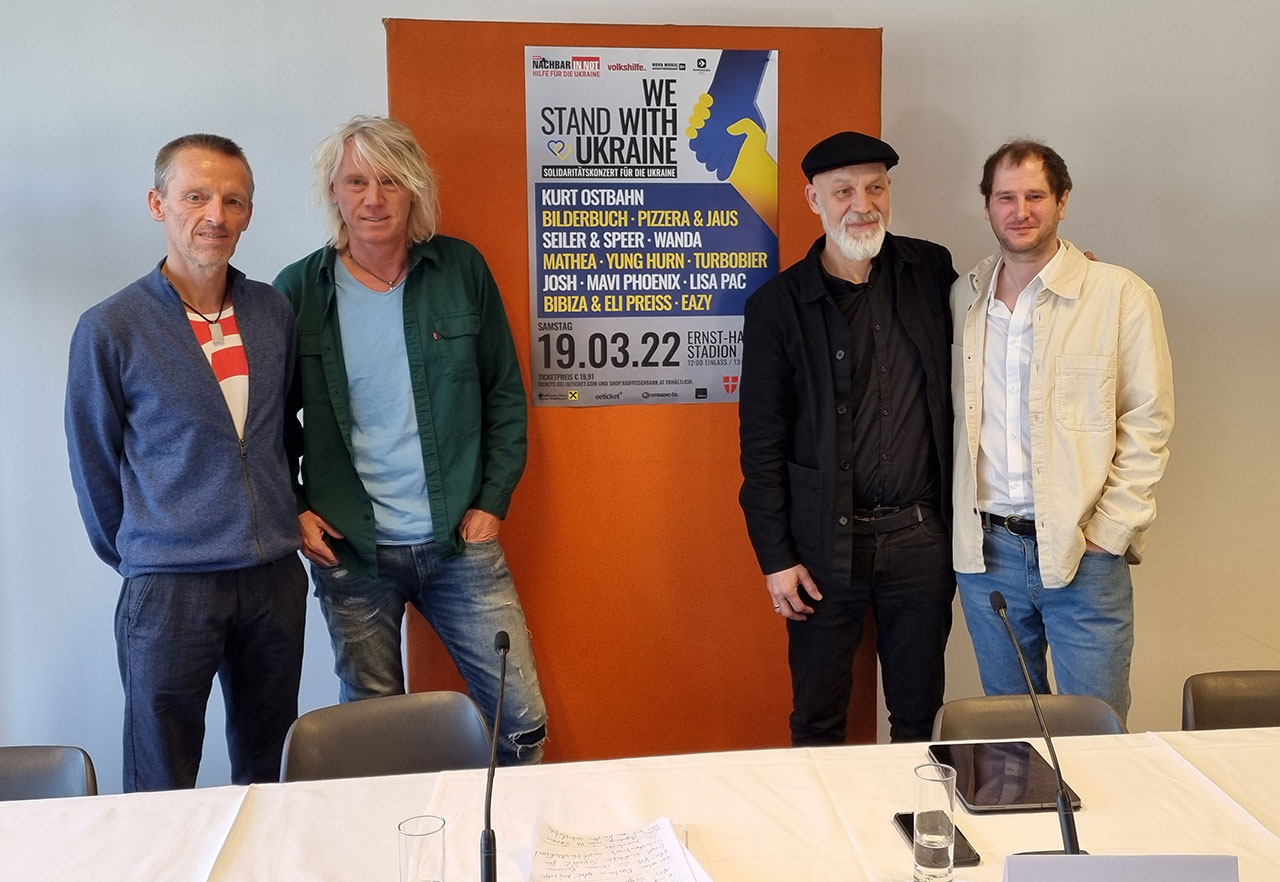 Georg Spatt, Ewald Tatar, Erich Fenninger und Marco Wanda bei der Pressekonferenz zum Ukraine-Solidaritätskonzert