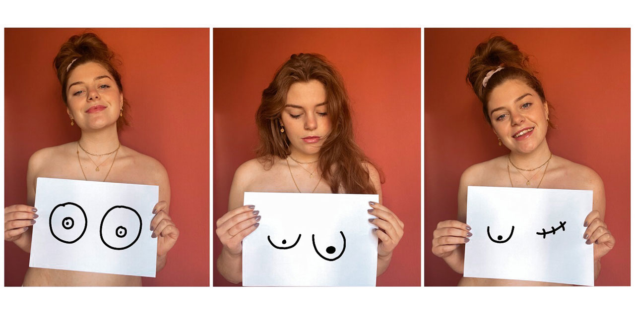 Collage dreier Bilder von Hannah May Lou, auf denen sie gemalte Brüste vor ihre Brust hält