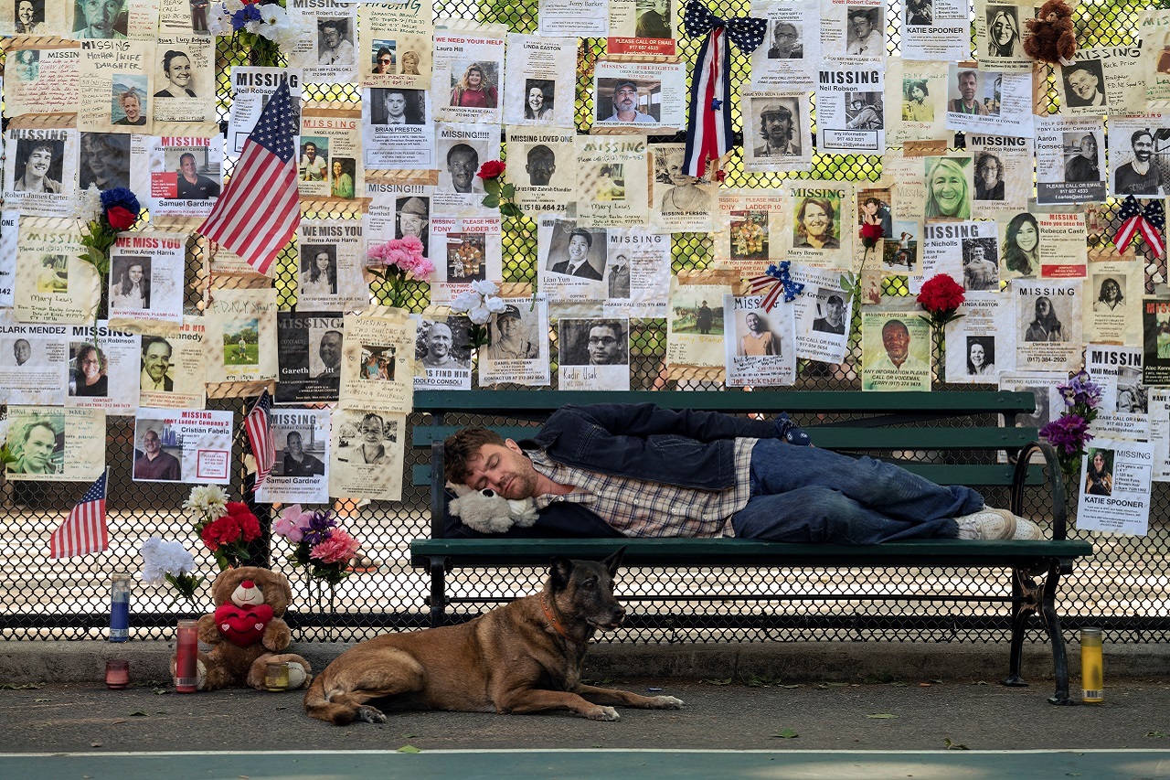 Friedrich Mücke liegt auf einer Parkbank, ein dreibeiniger Schäferhund, hinter ihm eine Wand mit Vermisstenanzeigen vom 11. September 2001 in New York. Szene aus der Serie "Funeral for a dog".