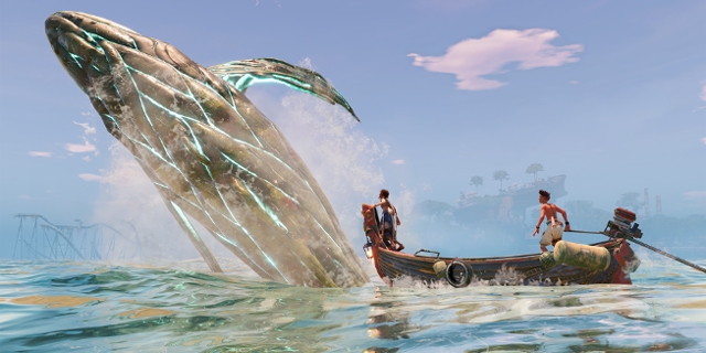 Ein Fischerboot und ein aus dem Wasser springender Wal