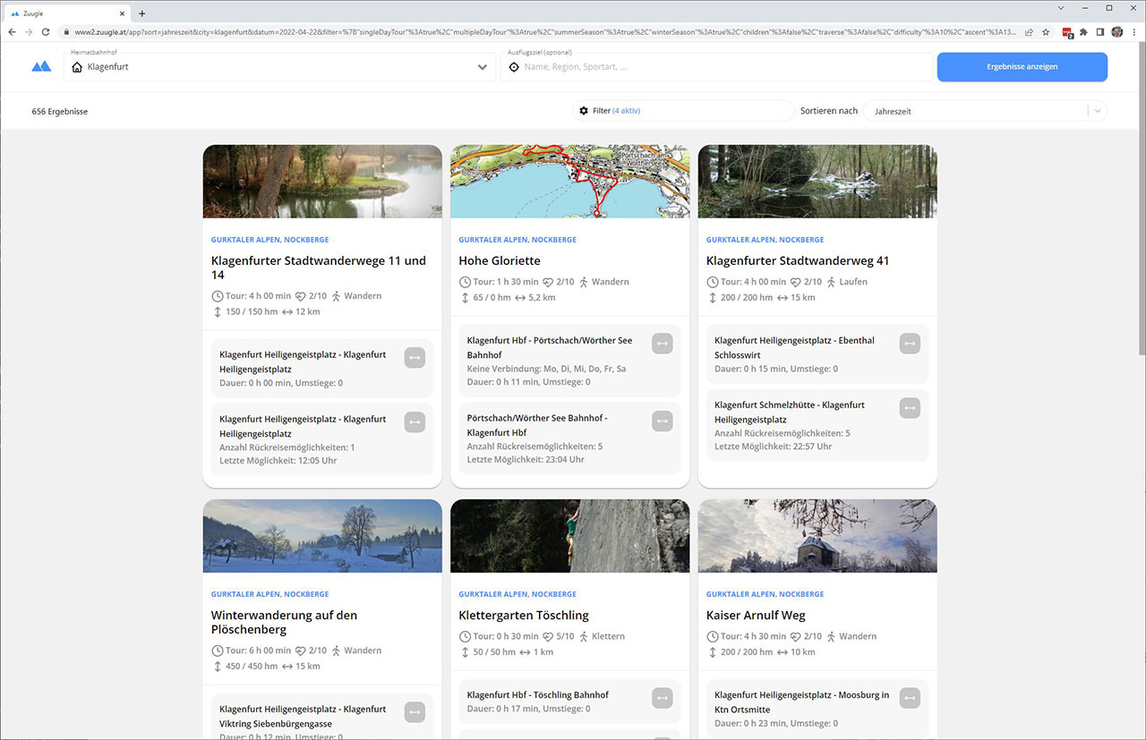 Screenshots der Öffi-Touren-Suchmaschine zuugle.at