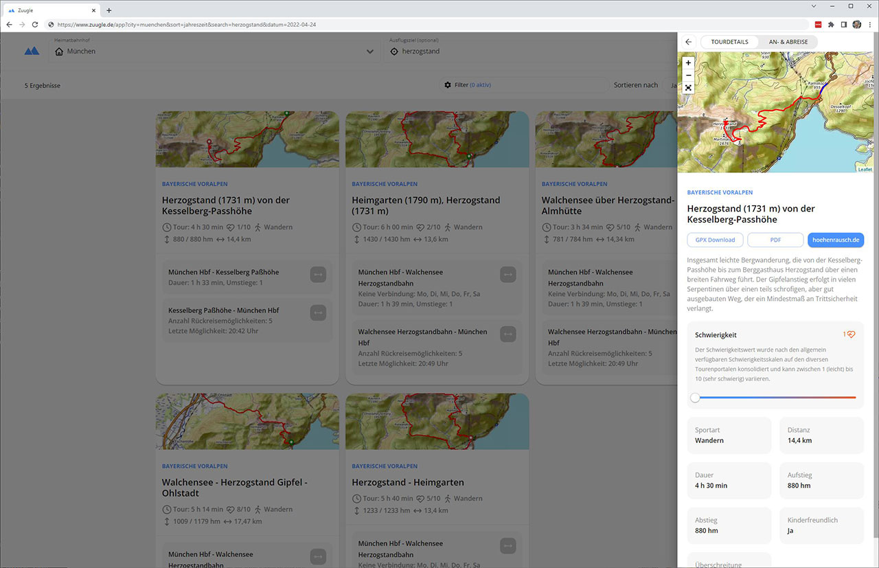 Screenshots der Öffi-Touren-Suchmaschine zuugle.at