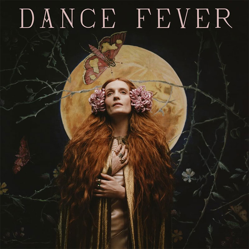 Albumcover von Florence and The Machine's "Dance Fever". Florence inszeniert sich altertümlich vor einem Vollmond