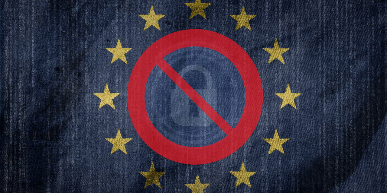 EU-Fahne mit Vorhängeschloss in einer Verbotstafel