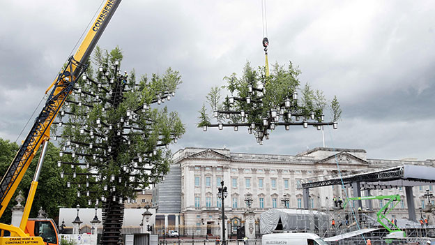 Kunstwerk aus Bäumen wird vor dem Buckingham-Palast aufebaut