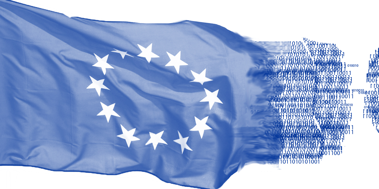EU-Flagge löst sich in Nullen und Einsen auf